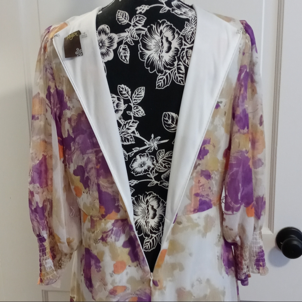 💜Taylor💜 - Purple/Peach/Cream Floral Chiffon Ruffle L/S V-Neck Midi Dress - Picture 9 of 16